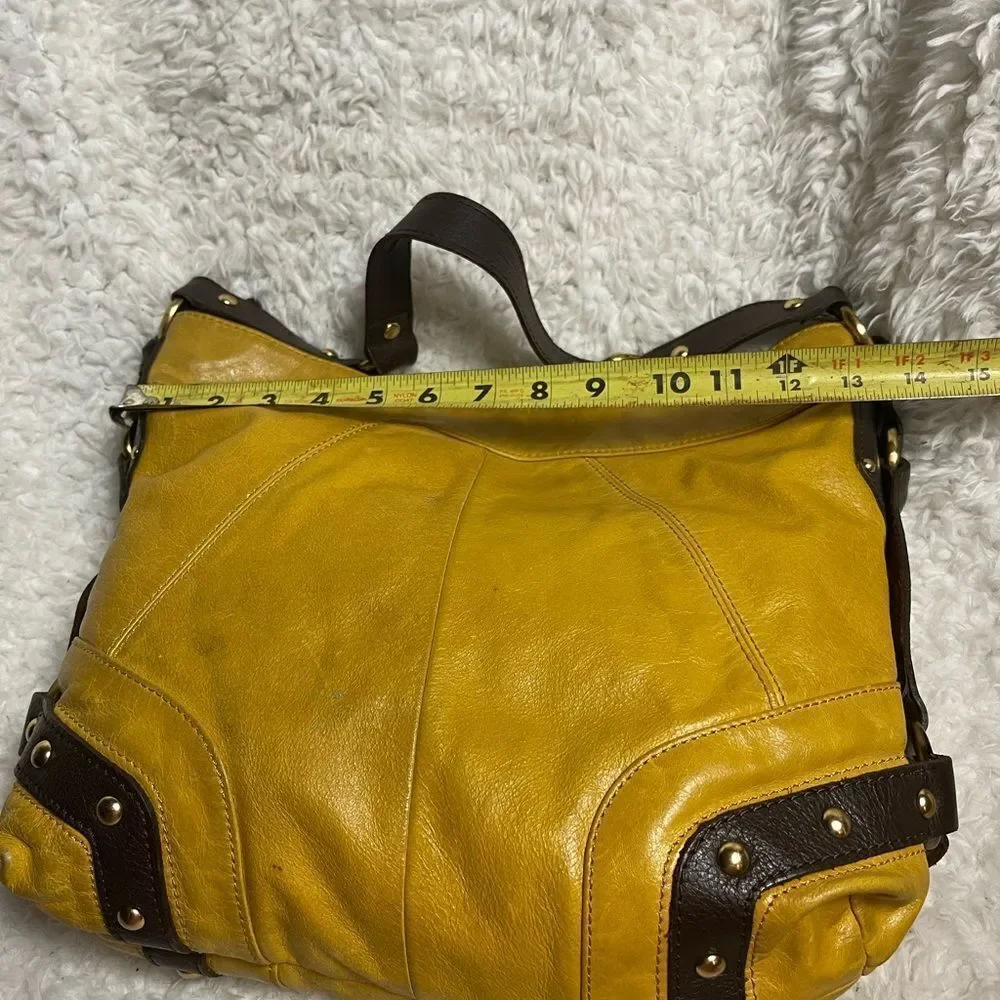 Tasche leather mustard yellow shoulder bag brown trims &strap gold tone studs